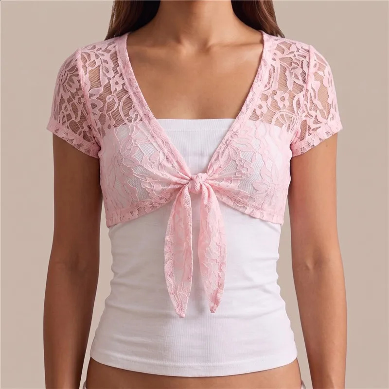 Y2K Women Sheer Lace Shrug Short Sleeve Front Tie Knot Cropped Bolero Top Vintage Floral Lace Summer Cover Up Shawl Cardigan 260917