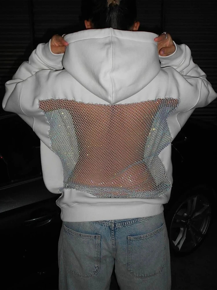 Sisterlinda Hooded Harajuku Sweatshirt Women Autumn Trend Backless ShinyThrea Mesh Patchwork Casual Street Hipster Pulloverr 260917