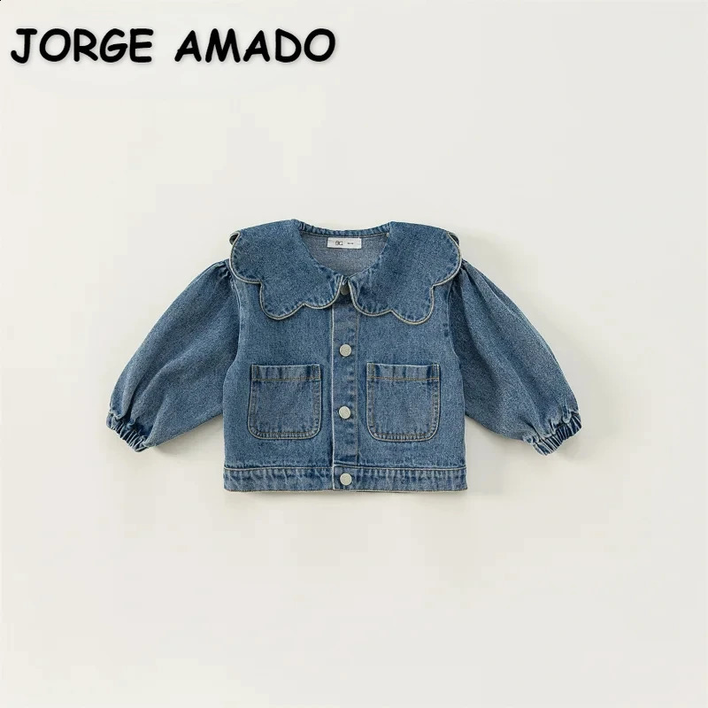 Korean Style Spring Autumn Kids Girl Denim Coat Ruffle Collar Long Sleeve Outerwear Children Fashion Versatile Clothes E82075 260916