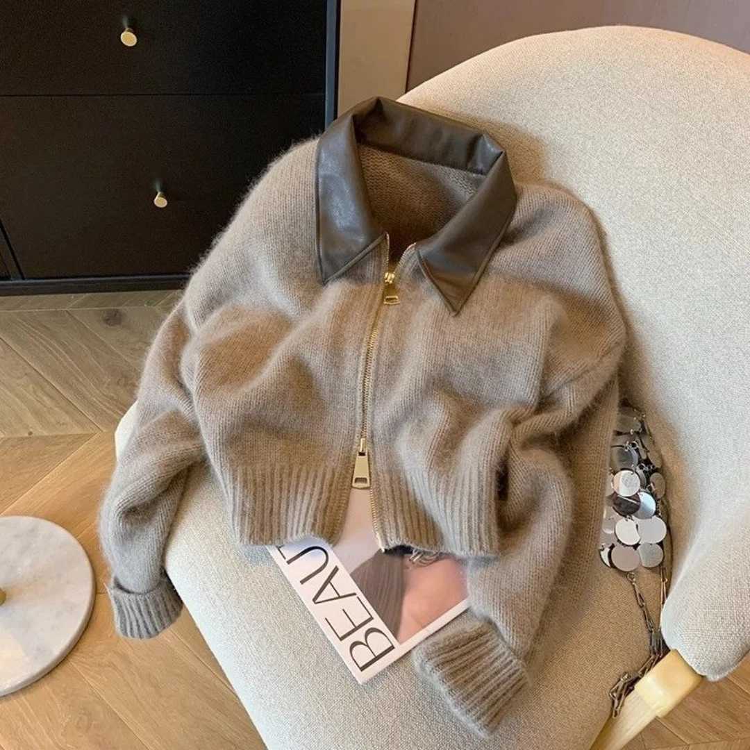 Chic Patchwork Zipper Cropped Cardigan Women Thick Autumn Knitted Sweater Bomber Jacket Vintage 2000s Short Tops Knitwear Coat J260916