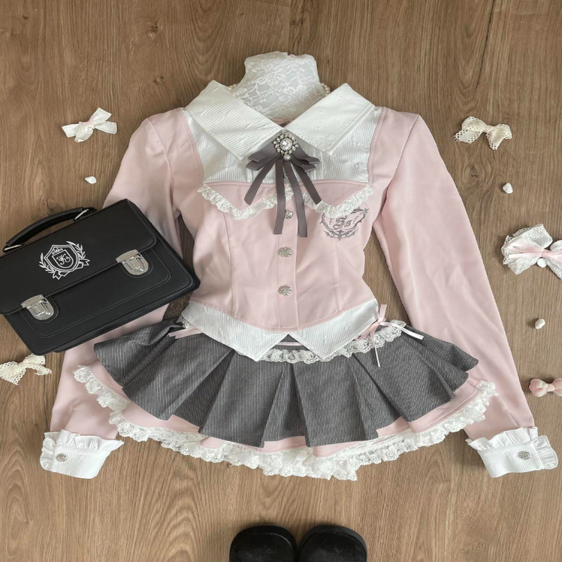 Spring Y2K Princess Outfits Women 2 Piece Sets Sweet Kawaii Bow Tops Lace Pleated Skirt Female Retro Chic Preppy Style Clothes 260916