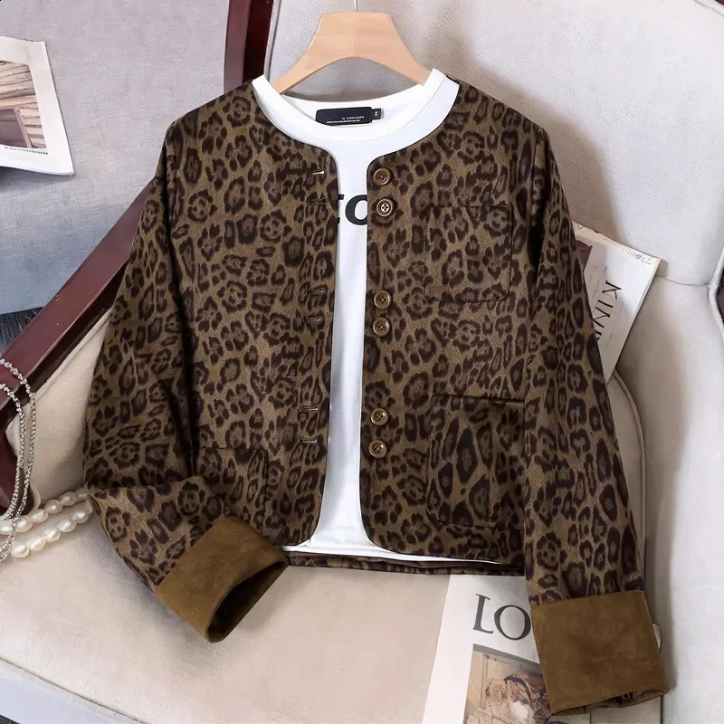 Spring Autumn Lady Fashion Long Sleeves Outwear Advanced Women Patchwork Tops Coat Korean Female Leopard Print Short Jacket 260917