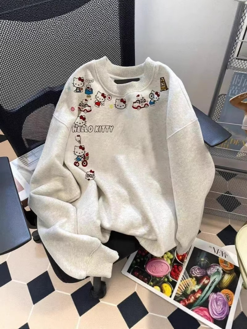 Korean-style niche new top, round neck, cute and sweet sweatshirt, no hood, Kitty cat print, loose fit, versatile long sleeves 89