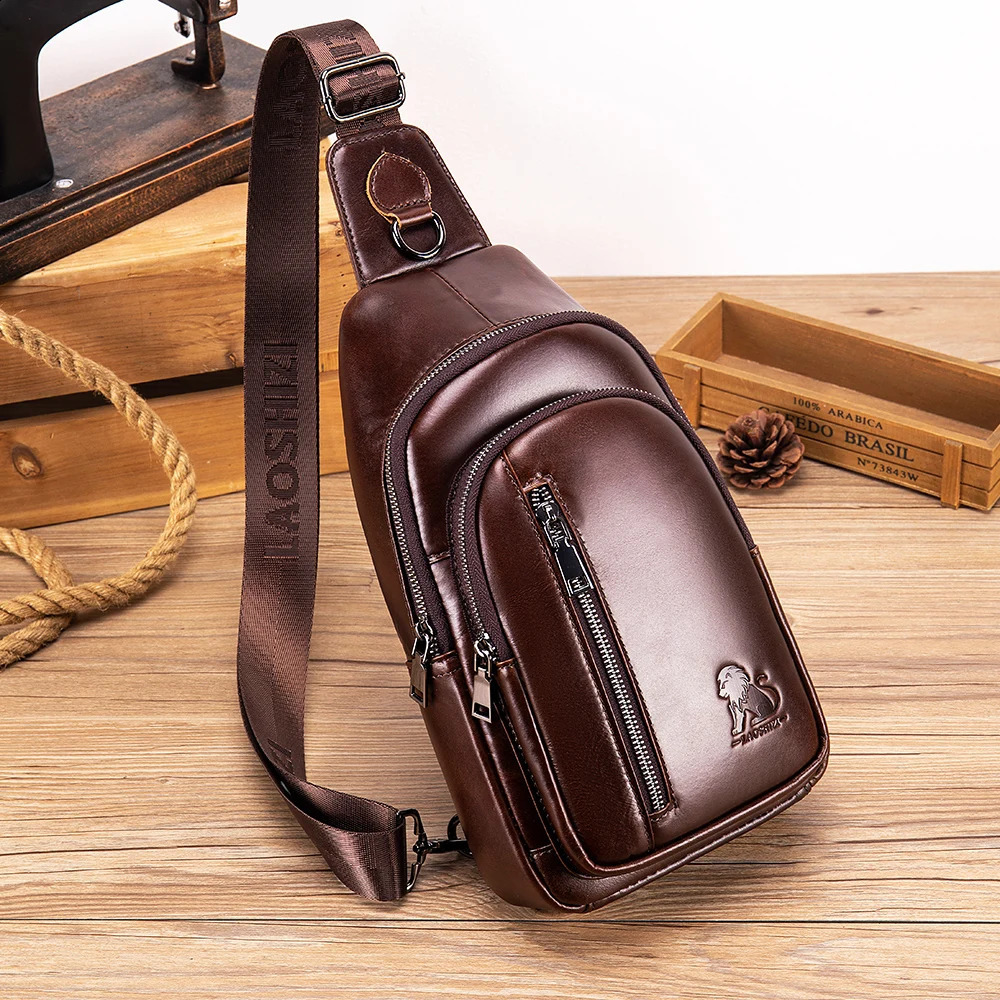 Men's Genuine Leather Shoulder Crossbody Chest with Layered Cowhide Fashionable and Multifunctional Sports Bag 260917