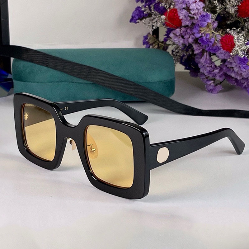 Fashion Square Sunglasses Yellow Solid Color Lens Black Acetate Frame Beach Vacation Photography Style 0780 Designer Womens Glasses UVA UVB Protecti