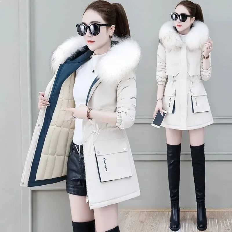 2026 New Winter Coat Women Parka Fashion Long Coats Hoodie Parkas Fur Neckline Warm Chiffon Apron Student Jacket Outerwear H260917