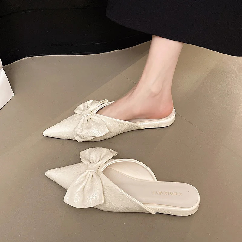 Spring Summer Butterflyknot Women Mules Slippers Fashion Cover Toe Slip on Slide Ladies Concise Soft Leather Dress Sandalias 260916