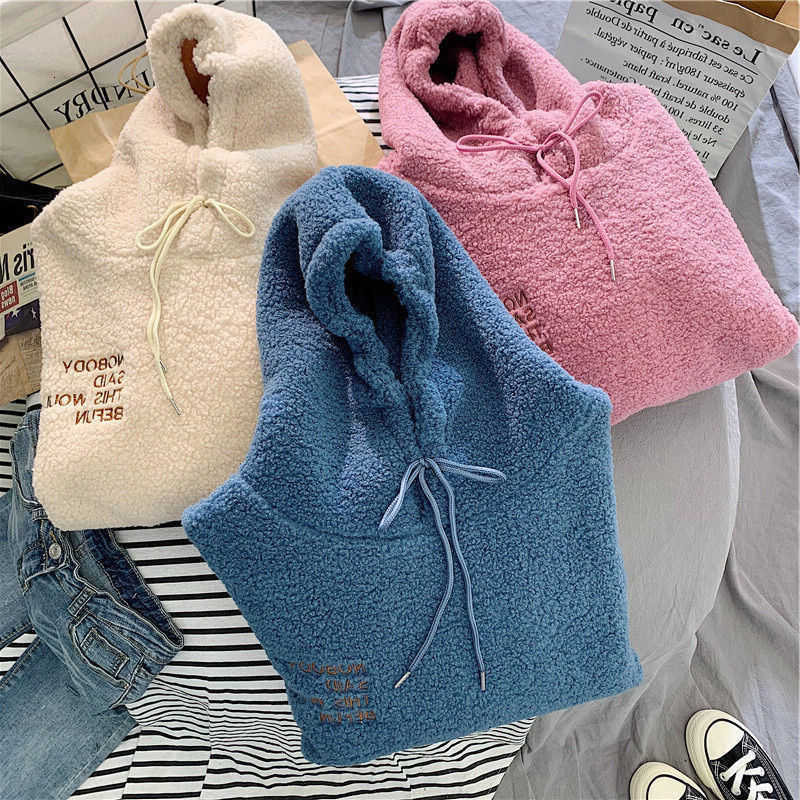 Autumn Winter Warm Fluffy Women Hoodie New Casual Hooded Pullovers Letters Lamb Wool Fleece Sweatshirt Loose Top Ropa De Mujer H260917