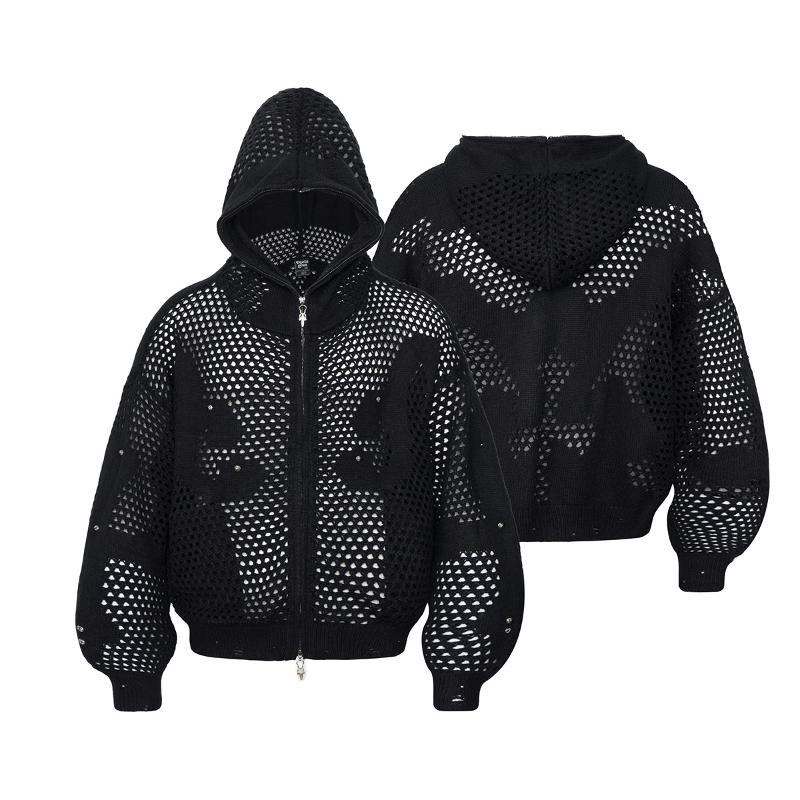 Designer Best-seller Unisexe À Capuche Zip Up Tricot Cardigan Pull Ajouré Creux Crochet À Manches Longues Sombre Streetwear Casual Automne Printe