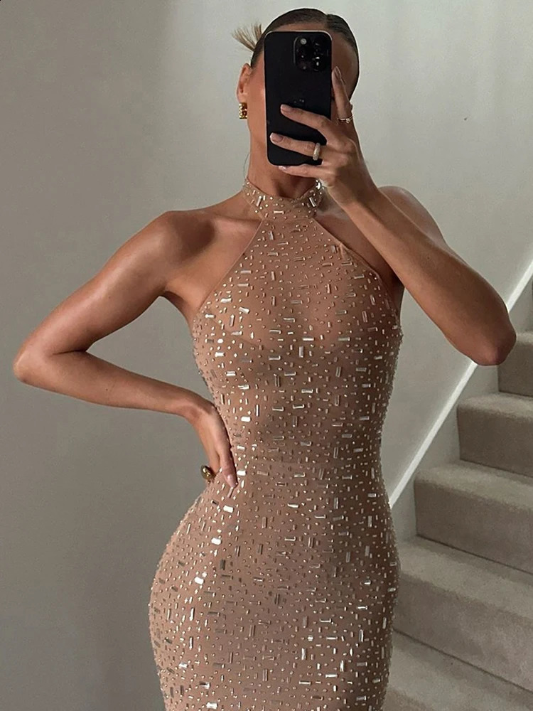 Sisterlinda Sequin Applique Dress Women Elegant Gown Chic Sleeveless Halter Fashion Stretch Skinny banquet Party Club Bodycon 260917