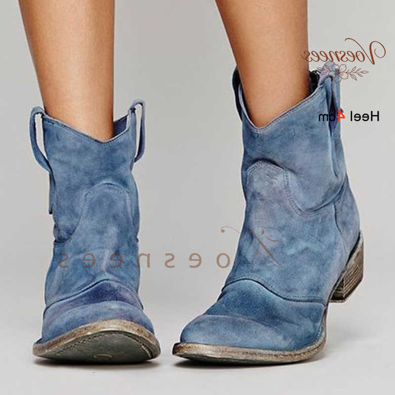 Women's Distressed Suede Vintage Blue Ankle Boots Block Heels 4cm SlipWestern Boots Casual Short Chelsea Boots Shoes D260917