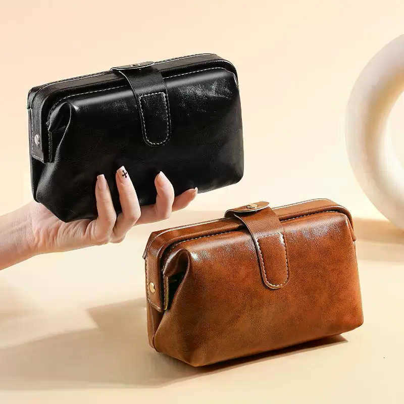 Solid 1Pcs Girl Color Button Coin Purse Fashion Vintage PU Leather Cosmetic Bag For Women Large Capacity Makeup Case WaterproofT260917