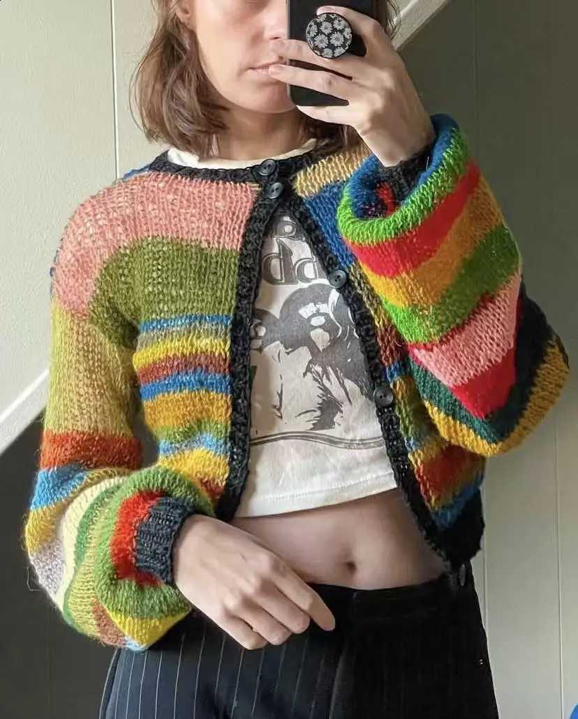essence New Rainbow Fashion Women's Hand knitted Pure Wool Single row Button Slim Fit Cardigan Coat Multi functional Knitted Swe J260916