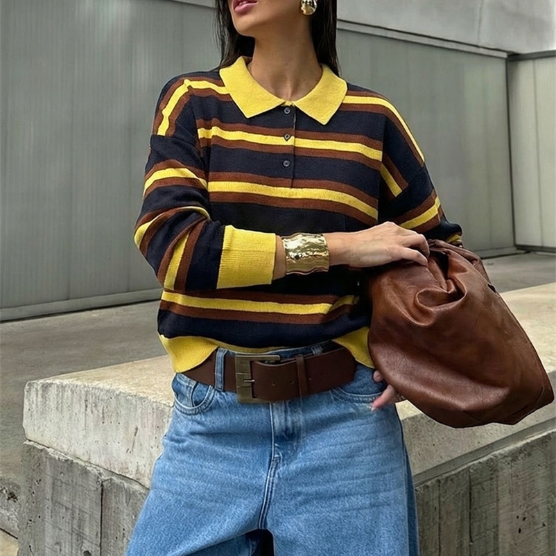 HH Women Trend Casual Striped Knitted Pullover Sweater Lapel Long Sleeve Sweater Shirt Spring Fashion High Street Lady Chic Tops 260916
