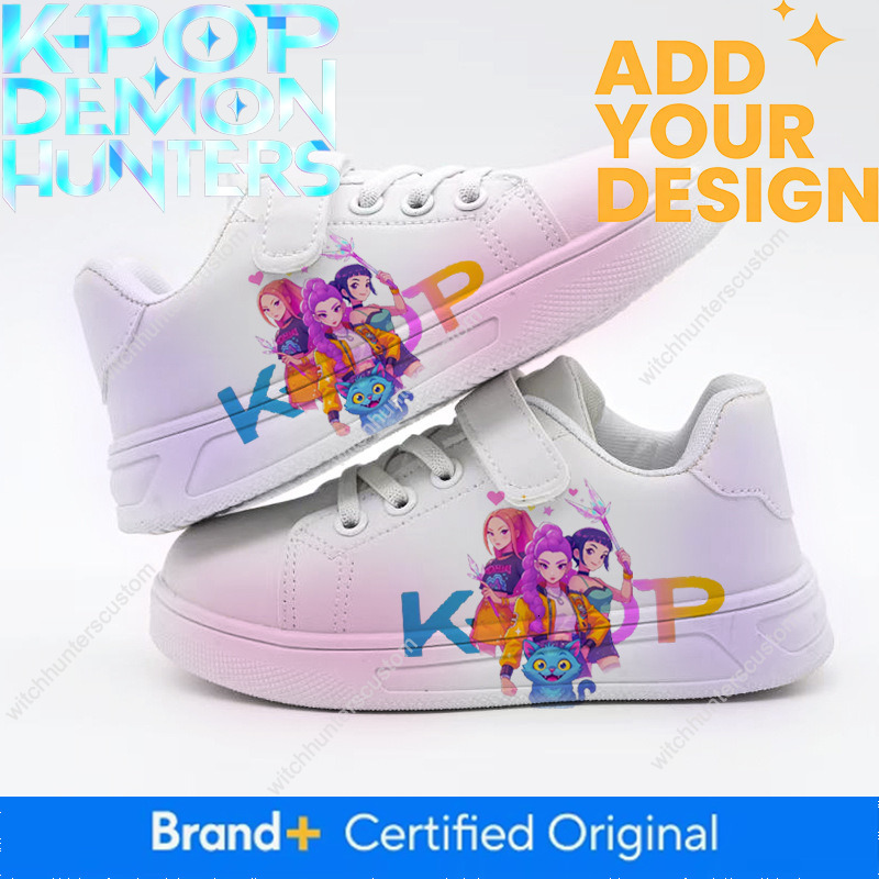 2026 KPOP Demon Hunters UV Printed Kids' Sneakers, Girls' Velcro Closure White Shoes, Cartoon Trendy Autumn New Style