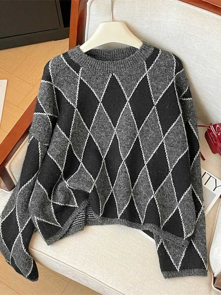 Cashmere Women Plaid Pullover Sweater Harajuku Korean Y2k Long Sleeves Checked Sweater Jumper Vintage 2000s Clothes Autumn 2024 J260916