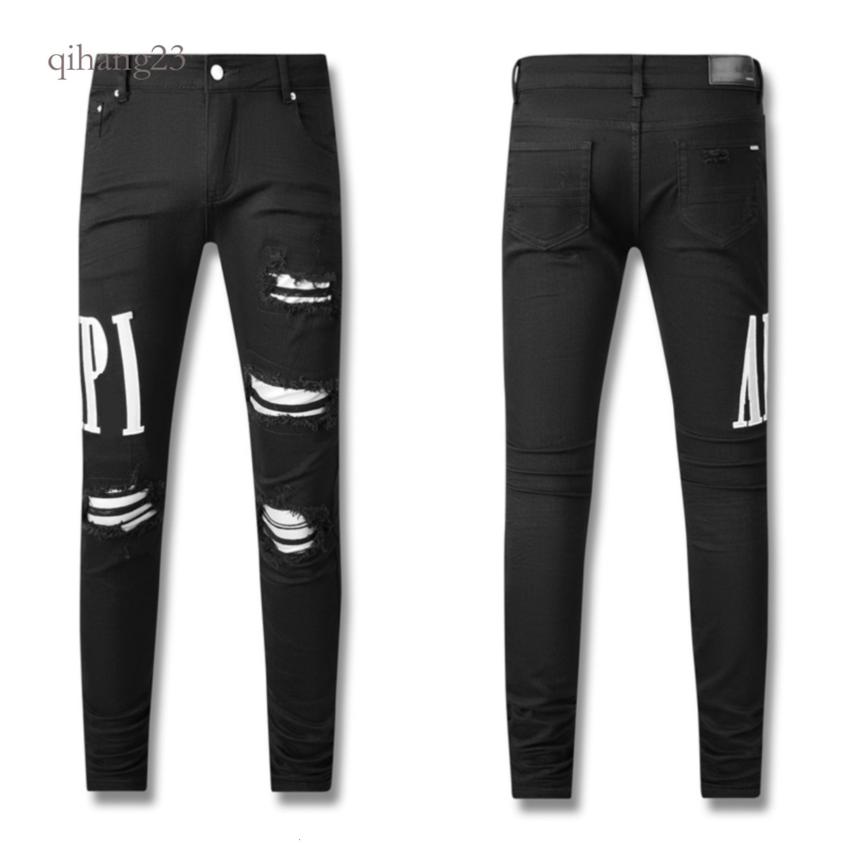 MA Jeans Men Designer Slim Fit Ripped Patch Jeans High Stretch Denim Fabric AM Letter Printed Hip Hop Street Style Pants Straight Design Retro High