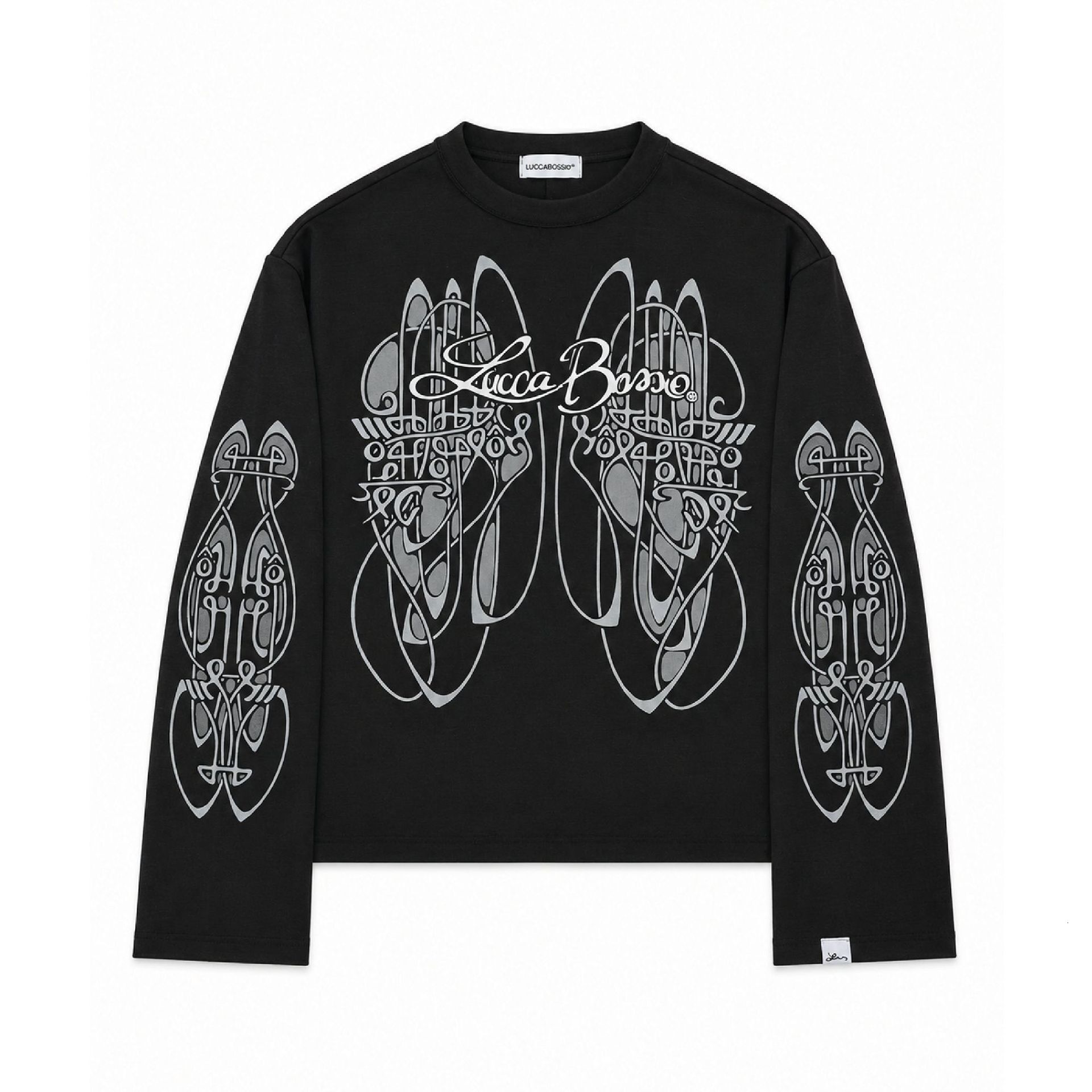 Retro symmetrical floral pattern long-sleeve top with all-over print, short length, loose fit, high-street style, and round neckline ea
