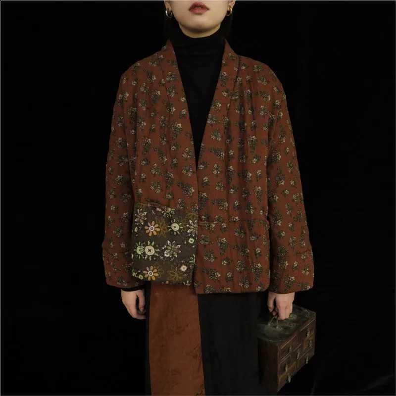 Johnature Women Vintage Cotton Print Floral Parkas V-Neck Long Sleeve Coats 2025 Winter New Single Button Chinese Style Parkas H260917