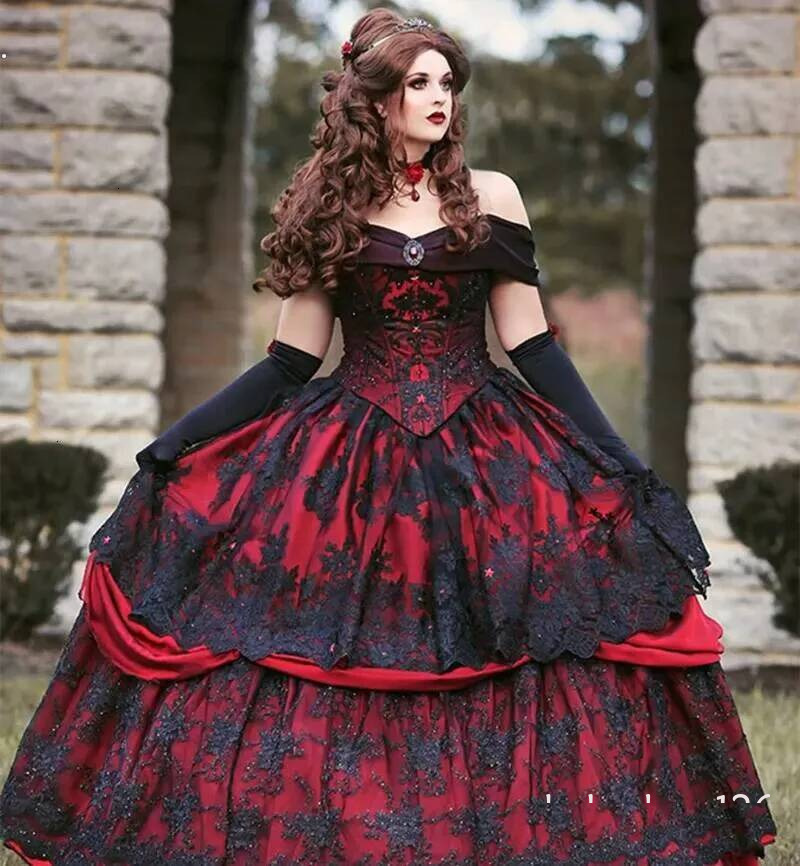 Gothic Belle Red And Black Ball Gown Wedding Dresses Vintage Corset Bridal Dress Lace up Strapless Tiered Beauty Off Shoulder Plus Size Bride Formal