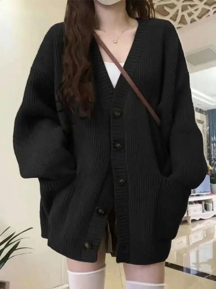 Loose Cardigan Women Long Sleeve V-neck Knitted Black Slouchy All-match Female Autumn Winter Coats Korean Chic Baggy Tops MLQ9 260917