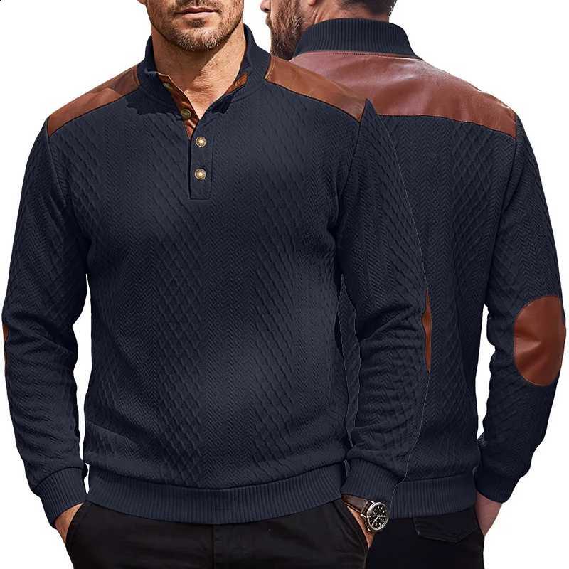 Stand Winter Men Collar Autumn Henley Sweater Textured Knit Pullover Faux Leather Shoulder Elbow Patch Casual Long Sleeve Tops J260916