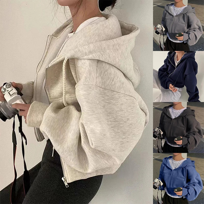 Zip Up Hoodie Autumn Winter Warm Fleece Lined Long Sleeve Cropped Jackets Fashion Hooded Sweatshirts Female Y2K Coats 260917