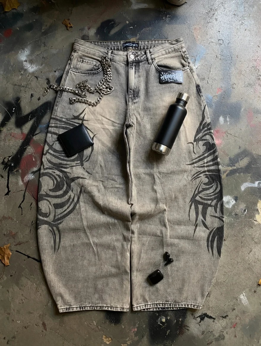American Retro Streetwear Y2K Gray Printed Loose Jeans Hip Hop Harajuku Casual Washed Distressed Straight Floor Mopping Pants 260915