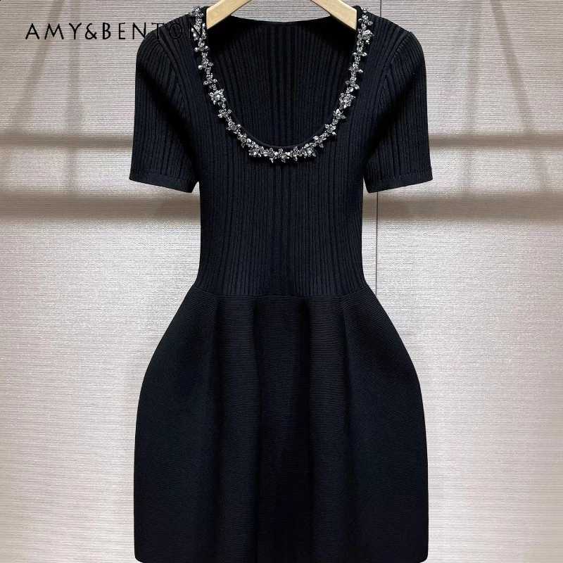 Spring New 2026 Knitted Women's Black Dress Birthday Party Evening Gown Beaded U-Neck Elegant Slim Short-Sleeve Dresses Ladies C260917