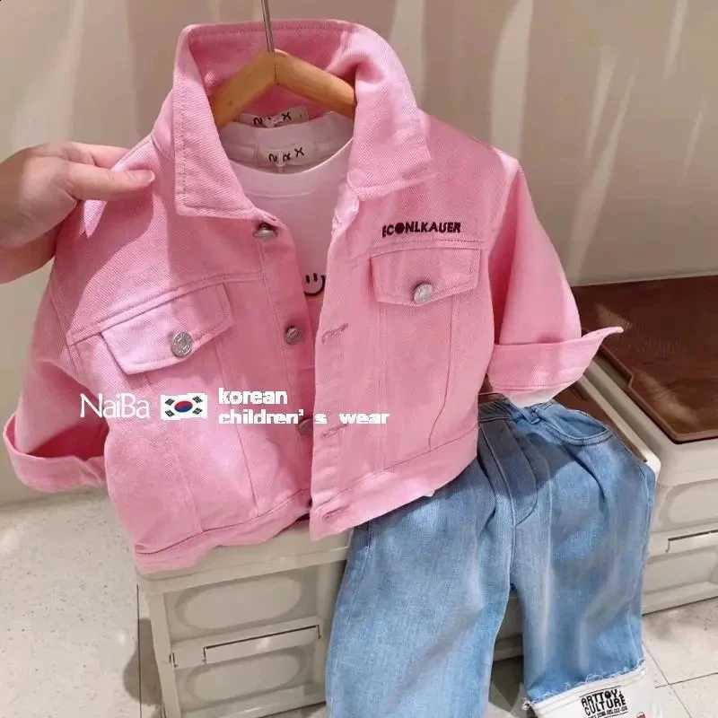 Coat Children's Denim 2023 Spring and Autumn Pink Polo Collar Boys and Girls Pure Cotton Letter Embroidery JacketT260916