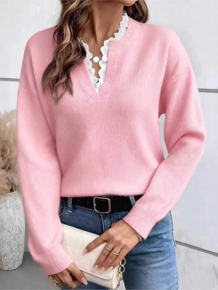 Fashion Lace Trim Knitting Loose Pullover Female Solid Color V-neck Casual Sweater Autumn Winter Lady Long Sleeves Warm Sweaters S2609170BH6