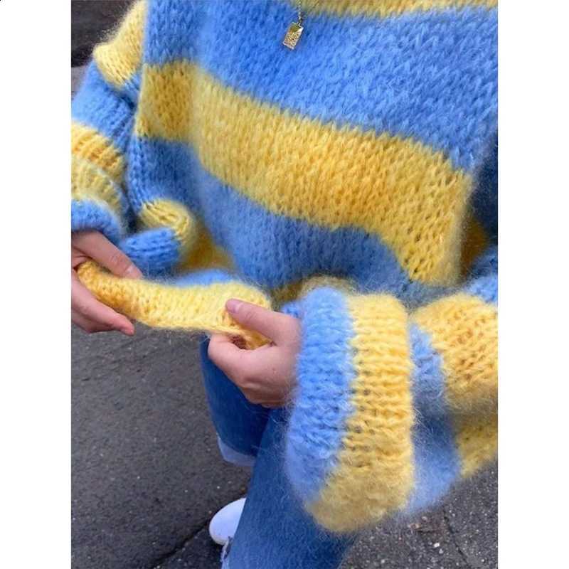 Fall Women Warm Winter Lantern Long Sleeve Sweater Boat Neck Fuzzy Striped Contrast Color Oversized Knitwear Pullover Tops J260916