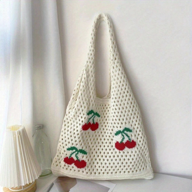 Cherry Knitted Hollow Underarm Shoulder Bag Embroidered Pattern Handbag Summer Solid Color Women's Tote Bag 260916
