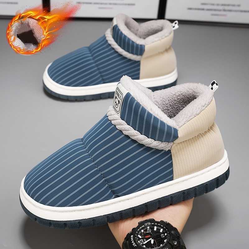 Men's and Women's Color-Blocked Striped High-Top Cotton Shoes Thick Plush Slip-On Boots for Autumn and Winter Suitable for Home and Outdoo