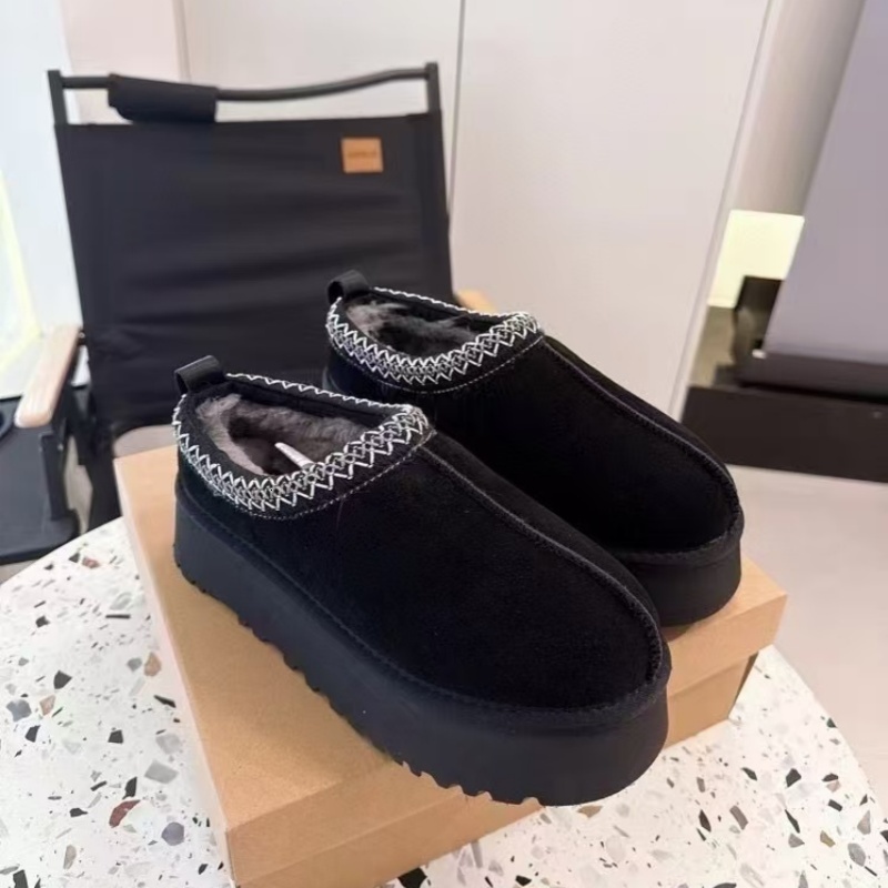 Women Designer Shoes Luxury Tazz Braid Knitted Border Platform Snow Mules Chestnut Color Suede Decorative Woven Edge Thick Plush Fur Lining Thick So