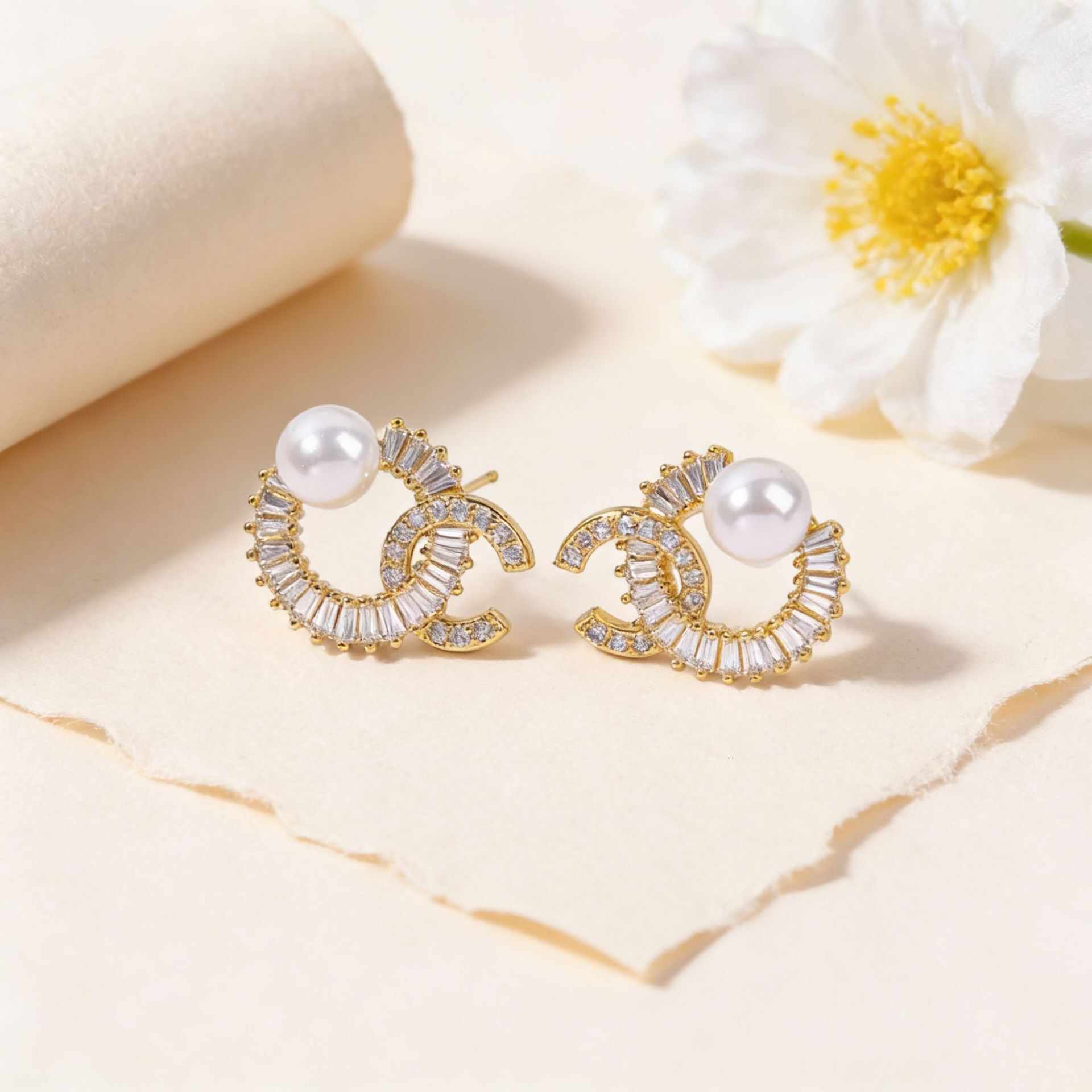 pearl stud earrings with inlaid cubic zirconia elegant hollow curve design light luxury women jewelry