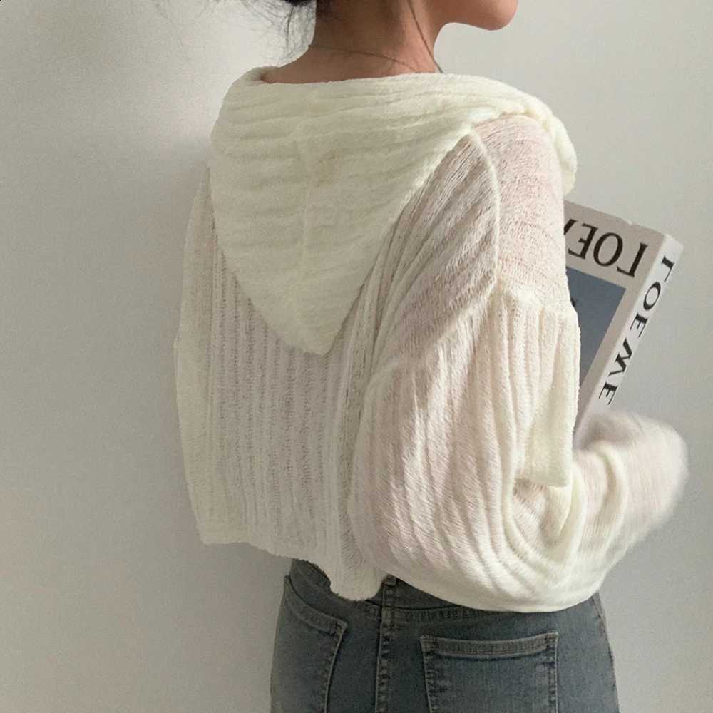 Silk Sun Protection Ice Thin Long Sleeve Coat Korea Chic Versatile Hooded Short Women Cardigan Solid Color Knitted Sweater J260916