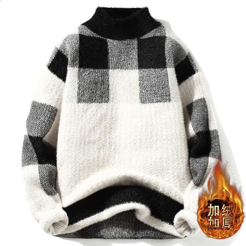High-Quality 2023 Winter/Autumn Mink velvet Fashion Trend Plaid Pattern Sweater Men Casual Loose Warm Sweaters Men ComfortableW260915