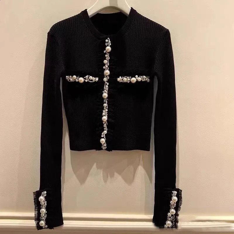 Elegant Black Diamond Embellished Knitted Open Cardigan Women's Autumn Fashion Sweater Top High-End Small Fragrance Style 260917