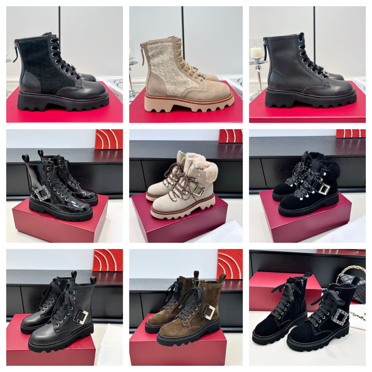 Women Rhinestone Square Buckle Biker Boots Chunky Soled Lace Up Casual Shoes Non Slip Chunky Soled Warm Shoes Winter Ankle Boots Suitable for Everyd