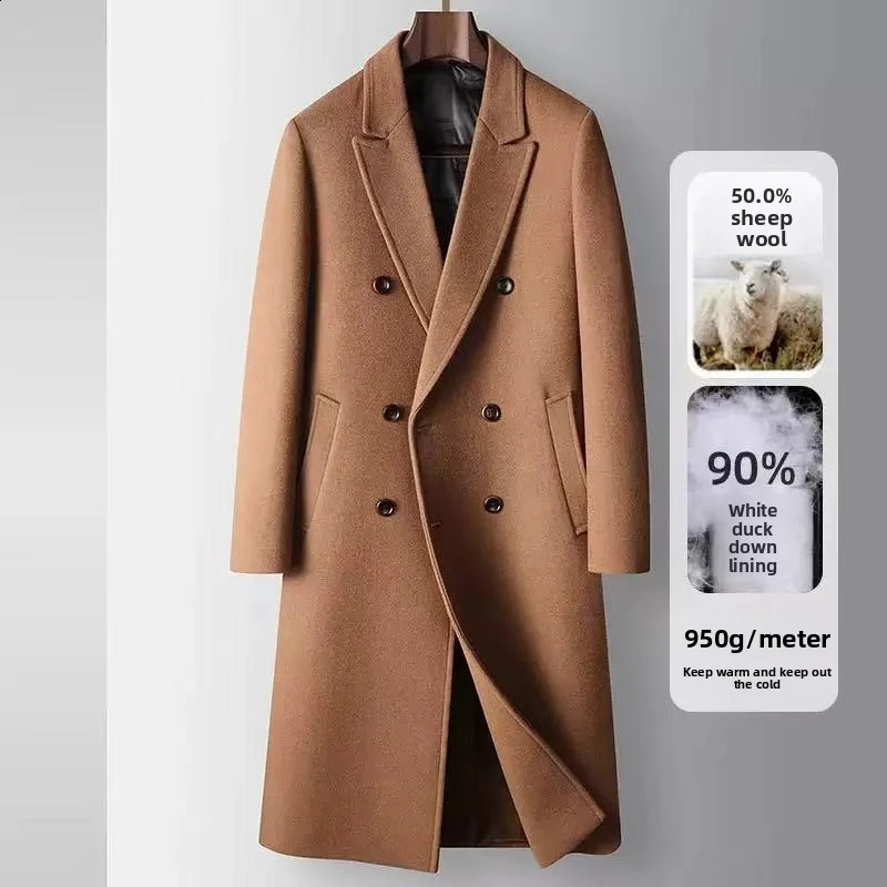 2025 Autumn/Winter Men's Long Cross Knee Double breasted Windbreaker Coat Warm Woolen Coat White Duck Down Inner Liner 260916