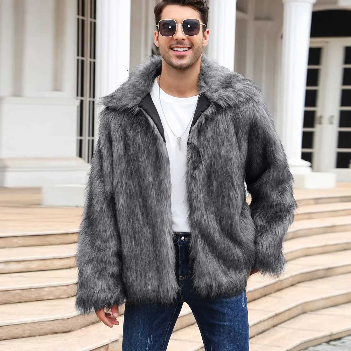 Coat Men Jacket Faux Fur Winter Thick Fluffy Long Sleeve Lapel Warm Shaggy Outerwear Fur Jacket Bontjas Jackets MensW260915