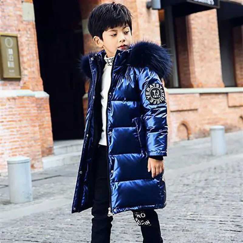 -30 2024 Winter Teen Boys Jacket Solid Color Waterproof Thick Warm Hooded Parka For 5-12Y Kids Big Fur Collar Cotton SnowsuitT260916