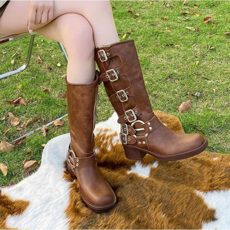 Metal Women's High Platform Boots Thick Heel Motorcycle Boots Vintage Soft Leather Punk Boot Brown Leather Knight Boot D260917