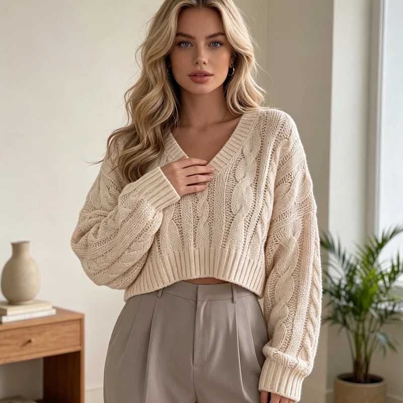 Women's Pullovers Tops Autumn V-neck Loose Solid Color Knit Women's Sweater Winter Casual Stylish Retro Twists Female Knitwear S260917GC4M
