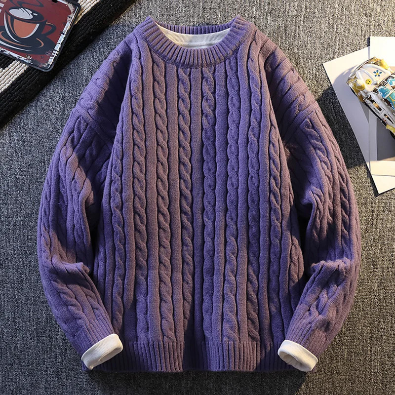 Men Cable Knit Pullover Autumn Winter Diamond Pattern Loose Fit Sweater Solid Fashion Casual Streetwear Crew Neck Sweaters 260915