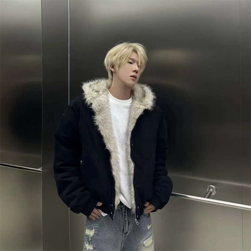 American Retro Winter Thick Woolen Collar Hooded Cotton Jacket Plush Top Men Street Hip Hop Gothic Harajuku Oversize Jacket Coat 260916ww