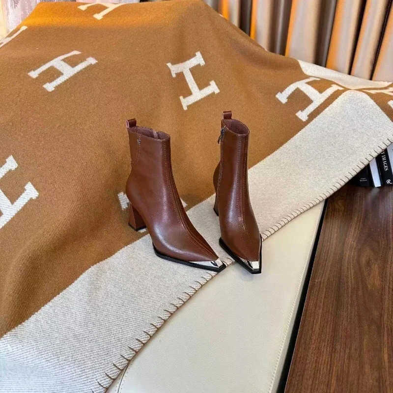 Winter New Elegant Non-slip Pointed Toe Solid Color Modern Women's Boots with Rear Zipper Warm Casual Thick-soled High Heels D260917