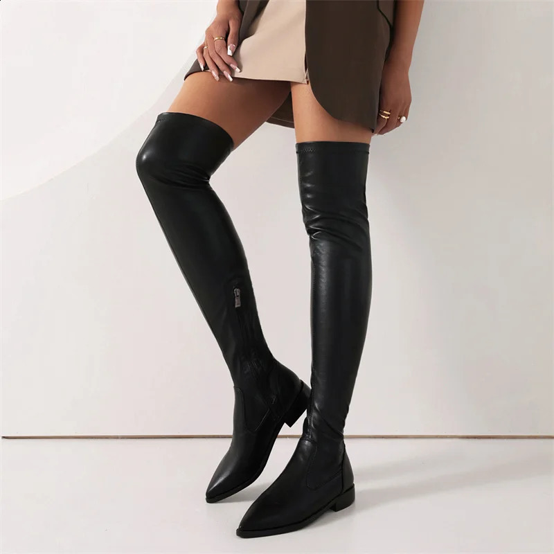Elastic Thigh High Boots Women Soft Stretch Black Beige Over the Knee Boot Low Heels Autumn Winter Shoes Lady Large Size 48 260917