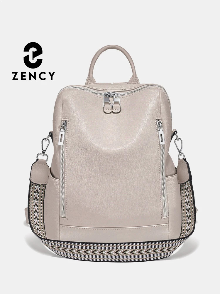 Zency Fashion Genuine Leather Backpack Knapsack Multi-pocket Day Pack Travel Convertible Shoulder Bag for Fall Winter Commuter 260916